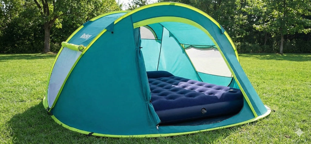 Bestway Premium Kamp Seti: 4 Kişilik Çadır + Kendinden Pompalı & Yastıklı Queen Şişme Yatak